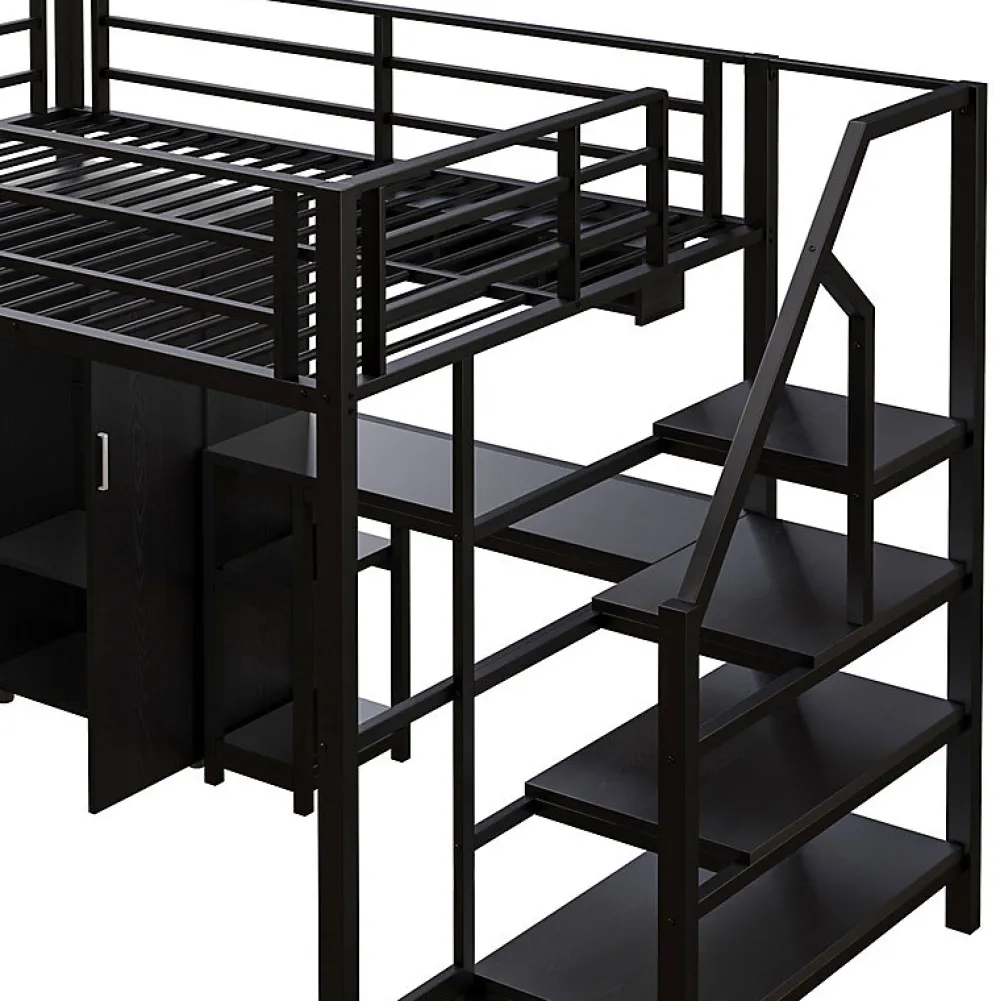 Aapaas Lit mezzanine 140x200 cm avec armoire étagères bureau et échelle noire sans matelas*Enfant Lit Enfant