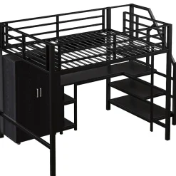 Aapaas Lit mezzanine 140x200 cm avec armoire étagères bureau et échelle noire sans matelas*Enfant Lit Enfant