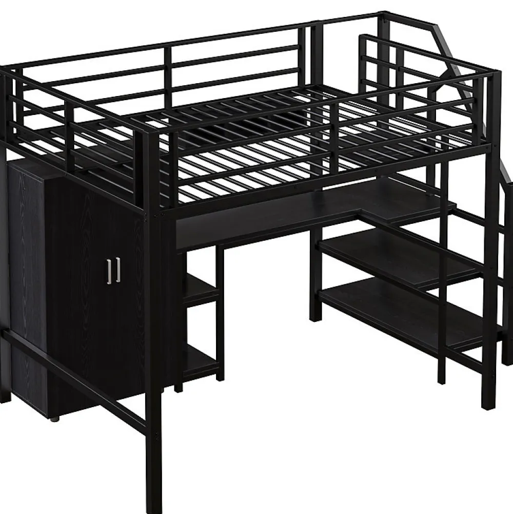 Aapaas Lit mezzanine 140x200 cm avec armoire étagères bureau et échelle noire sans matelas*Enfant Lit Enfant