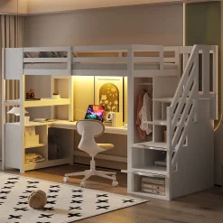Lit mezzanine 90x200 cm avec armoire et bureau - avec escalier et prises électriques - LED - blanc (sans matelas)>ModernLuxe Sale