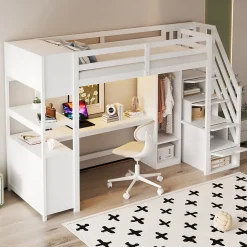 Lit mezzanine 90x200 cm avec armoire et bureau - avec escalier et prises électriques - LED - blanc (sans matelas)><noscript><img width=