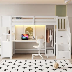 Lit mezzanine 90x200 cm avec armoire et bureau - avec escalier et prises électriques - LED - blanc (sans matelas)><noscript><img width=