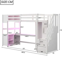 Lit mezzanine 90x200 cm avec armoire et bureau - avec escalier et prises électriques - LED - blanc (sans matelas)><noscript><img width=