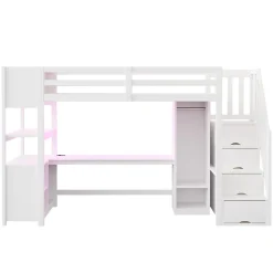 Lit mezzanine 90x200 cm avec armoire et bureau - avec escalier et prises électriques - LED - blanc (sans matelas)><noscript><img width=