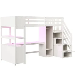 Lit mezzanine 90x200 cm avec armoire et bureau - avec escalier et prises électriques - LED - blanc (sans matelas)><noscript><img width=