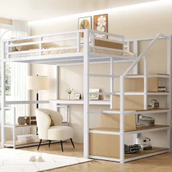 Lit Mezzanine 140x200 cm avec Bureau et Rangement, Métal+MDF, Blanc - Sans Matelas>Okwish Sale