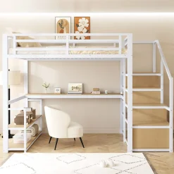Lit Mezzanine 140x200 cm avec Bureau et Rangement, Métal+MDF, Blanc - Sans Matelas>Okwish Sale