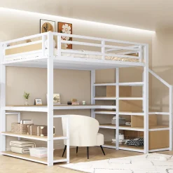 Lit Mezzanine 140x200 cm avec Bureau et Rangement, Métal+MDF, Blanc - Sans Matelas><noscript><img width=