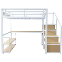 Lit Mezzanine 140x200 cm avec Bureau et Rangement, Métal+MDF, Blanc - Sans Matelas><noscript><img width=