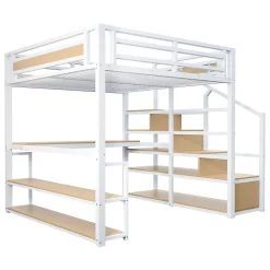 Lit Mezzanine 140x200 cm avec Bureau et Rangement, Métal+MDF, Blanc - Sans Matelas><noscript><img width=