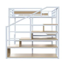 Lit Mezzanine 140x200 cm avec Bureau et Rangement, Métal+MDF, Blanc - Sans Matelas><noscript><img width=