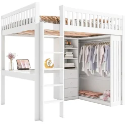 Redom Lit mezzanine 140x200 cm avec bureau intégré, armoire et 3 tiroirs fonctionnels en pin blanc*Enfant Lit Enfant