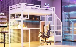 Redom Lit mezzanine 90x200 cm avec bureau intégré, étagères et marche de rangement, structure métal blanche*Enfant Lit Enfant
