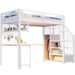 Redom Lit mezzanine 90x200 cm avec bureau intégré, étagères et marche de rangement, structure métal blanche*Enfant Lit Enfant