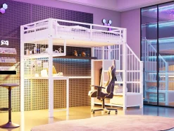 Redom Lit mezzanine 90x200 cm avec bureau intégré, étagères et marche de rangement, structure métal blanche*Enfant Lit Enfant