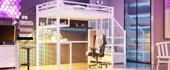 Redom Lit mezzanine 90x200 cm avec bureau intégré, étagères et marche de rangement, structure métal blanche*Enfant Lit Enfant