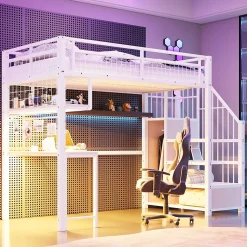 Redom Lit mezzanine 90x200 cm avec bureau intégré, étagères et marche de rangement, structure métal blanche*Enfant Lit Enfant