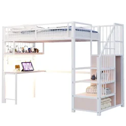 Redom Lit mezzanine 90x200 cm avec bureau intégré, étagères et marche de rangement, structure métal blanche*Enfant Lit Enfant