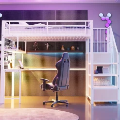 Redom Lit mezzanine 90x200 cm avec bureau intégré, étagères et marche de rangement, structure métal blanche*Enfant Lit Enfant