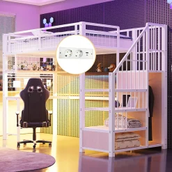 Redom Lit mezzanine 90x200 cm avec bureau intégré, étagères et marche de rangement, structure métal blanche*Enfant Lit Enfant