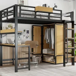 ModernLuxe Lit mezzanine 90x200 cm avec bureau et étagère - armoire à portes doubles et échelle - Métal+MDF - Noir+Naturel (sans matelas)* Lit Mezzanine