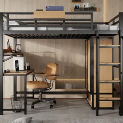 ModernLuxe Lit mezzanine 90x200 cm avec bureau et étagère - armoire à portes doubles et échelle - Métal+MDF - Noir+Naturel (sans matelas)* Lit Mezzanine