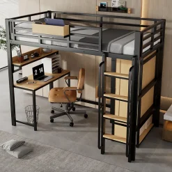ModernLuxe Lit mezzanine 90x200 cm avec bureau et étagère - armoire à portes doubles et échelle - Métal+MDF - Noir+Naturel (sans matelas)* Lit Mezzanine