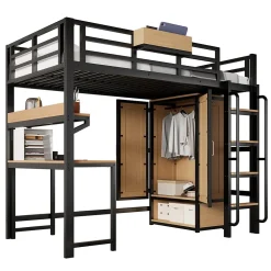 ModernLuxe Lit mezzanine 90x200 cm avec bureau et étagère - armoire à portes doubles et échelle - Métal+MDF - Noir+Naturel (sans matelas)* Lit Mezzanine