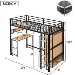 ModernLuxe Lit mezzanine 90x200 cm avec bureau et étagère - armoire à portes doubles et échelle - Métal+MDF - Noir+Naturel (sans matelas)* Lit Mezzanine
