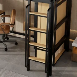 ModernLuxe Lit mezzanine 90x200 cm avec bureau et étagère - armoire à portes doubles et échelle - Métal+MDF - Noir+Naturel (sans matelas)* Lit Mezzanine