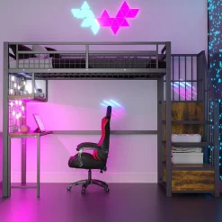 Lit mezzanine 90x200 cm avec bureau intégré, étagères et échelle de rangement en métal noir pour chambre ado>Redom Hot