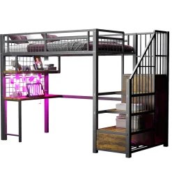 Lit mezzanine 90x200 cm avec bureau intégré, étagères et échelle de rangement en métal noir pour chambre ado><noscript><img width=