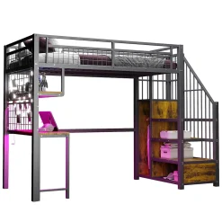 Lit mezzanine 90x200 cm avec bureau intégré, étagères et échelle de rangement en métal noir pour chambre ado><noscript><img width=