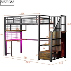 Lit mezzanine 90x200 cm avec bureau intégré, étagères et échelle de rangement en métal noir pour chambre ado><noscript><img width=