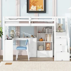 Lit mezzanine 90x200 cm avec bureau integre tiroirs et etageres structure pin et MDF blanc>Redom Discount