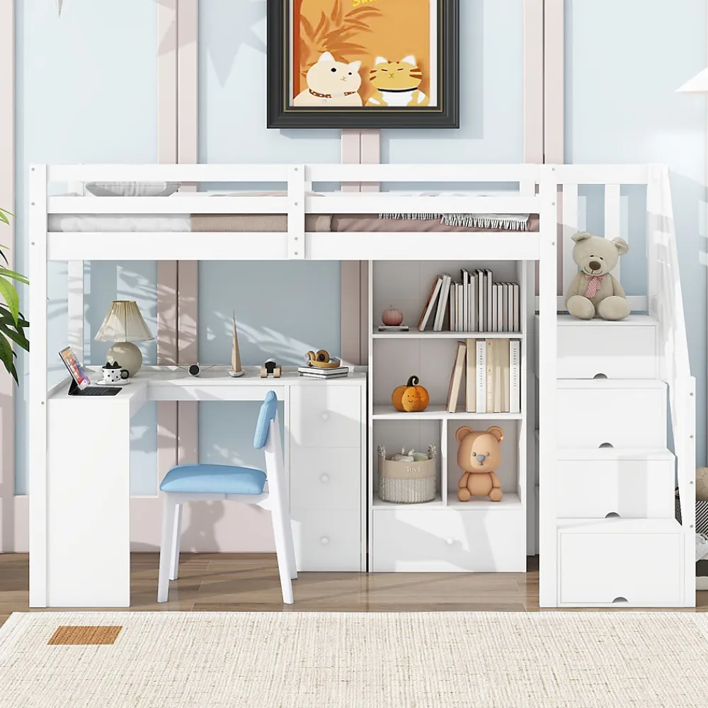 Lit mezzanine 90x200 cm avec bureau integre tiroirs et etageres structure pin et MDF blanc>Redom Discount