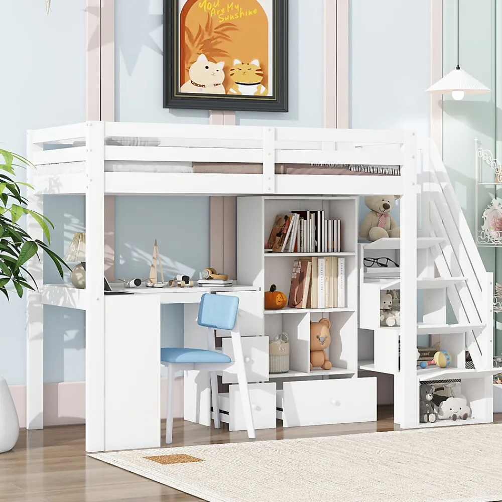 Lit mezzanine 90x200 cm avec bureau integre tiroirs et etageres structure pin et MDF blanc>Redom Discount
