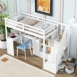 Lit mezzanine 90x200 cm avec bureau integre tiroirs et etageres structure pin et MDF blanc><noscript><img width=