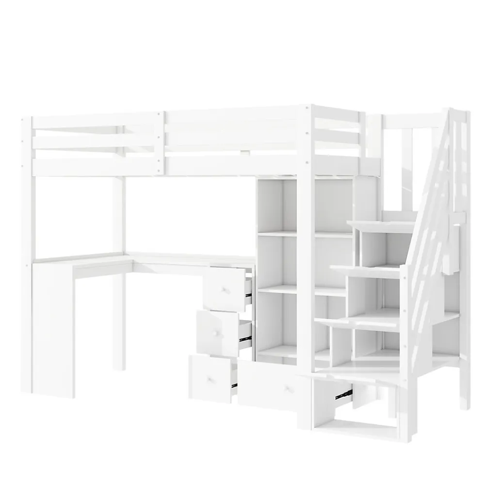 Lit mezzanine 90x200 cm avec bureau integre tiroirs et etageres structure pin et MDF blanc>Redom Discount