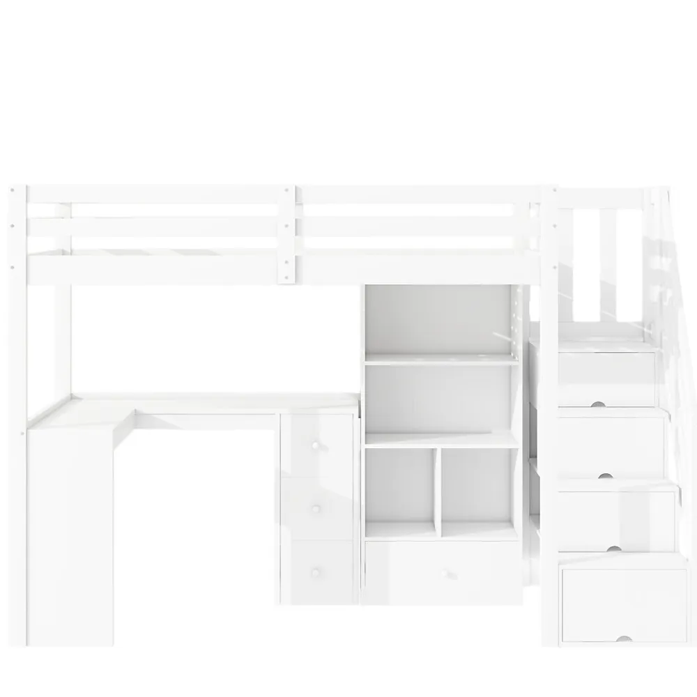 Lit mezzanine 90x200 cm avec bureau integre tiroirs et etageres structure pin et MDF blanc>Redom Discount