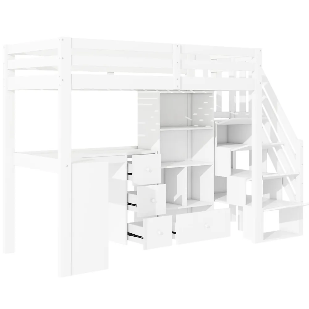Lit mezzanine 90x200 cm avec bureau integre tiroirs et etageres structure pin et MDF blanc>Redom Discount