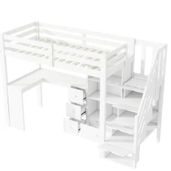 Lit mezzanine 90x200 cm avec bureau integre tiroirs et etageres structure pin et MDF blanc><noscript><img width=