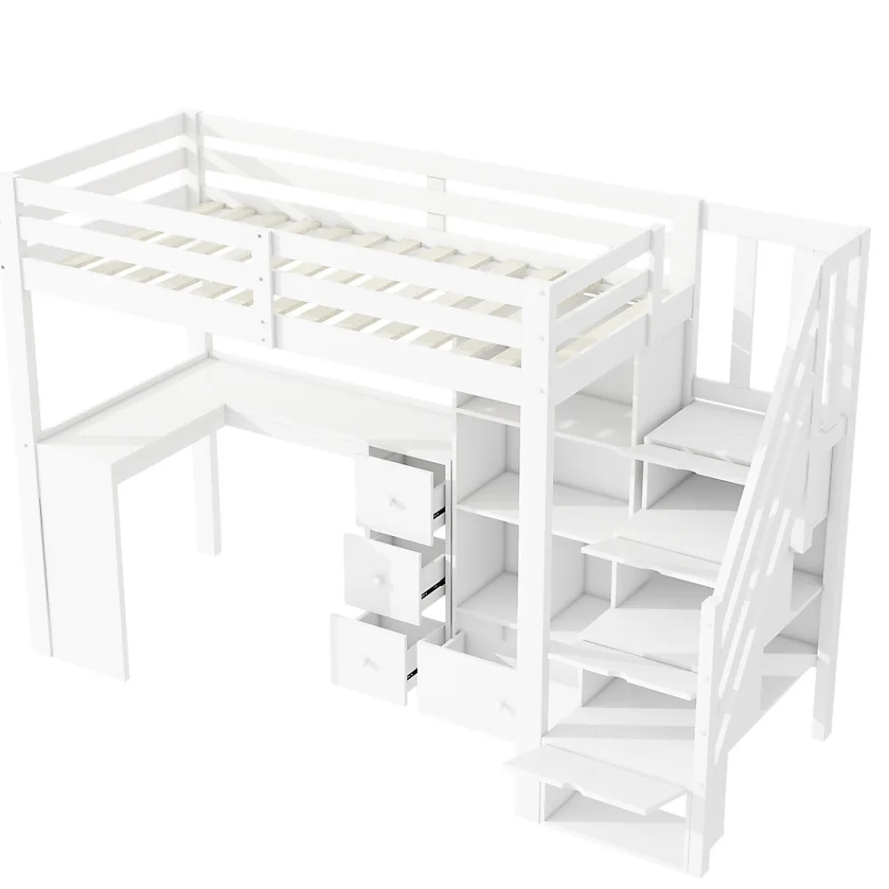 Lit mezzanine 90x200 cm avec bureau integre tiroirs et etageres structure pin et MDF blanc>Redom Discount