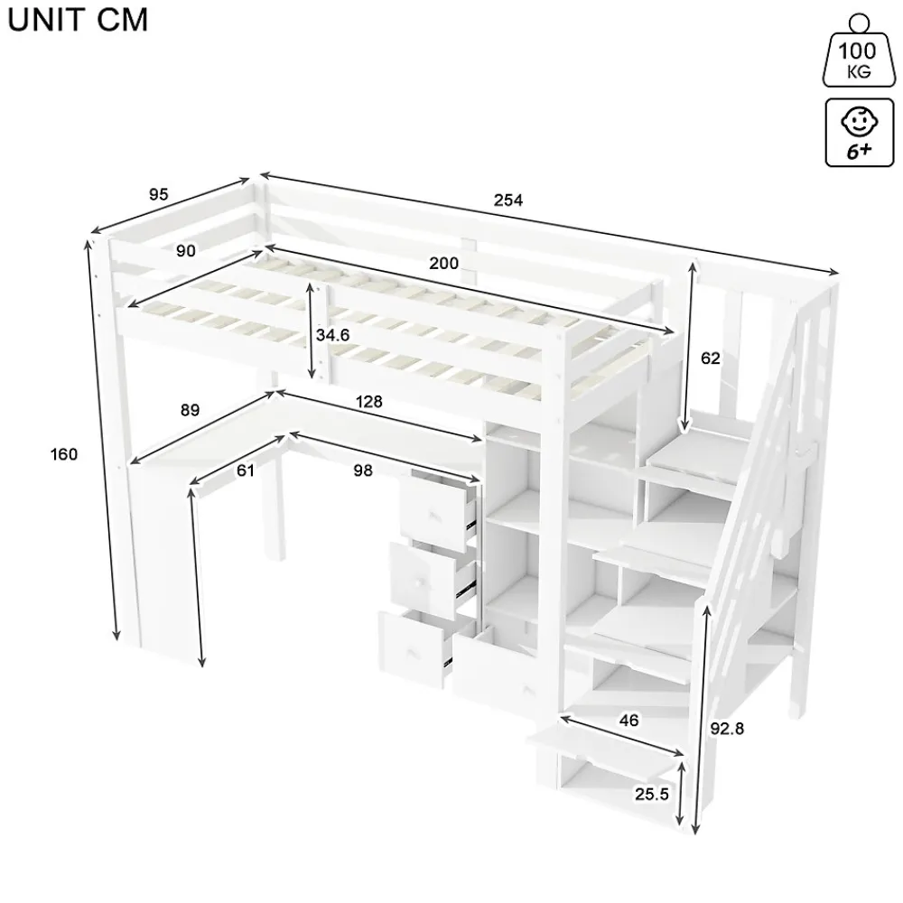 Lit mezzanine 90x200 cm avec bureau integre tiroirs et etageres structure pin et MDF blanc>Redom Discount