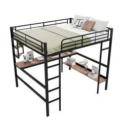 Lit mezzanine 140x200 cm avec bureau et étagères intégrées, cadre métal noir fonctionnel>Redom New