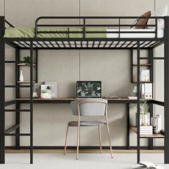 Lit mezzanine 140x200 cm avec bureau et étagères intégrées, cadre métal noir fonctionnel>Redom New