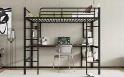 Lit mezzanine 140x200 cm avec bureau et étagères intégrées, cadre métal noir fonctionnel><noscript><img width=