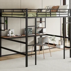 Lit mezzanine 140x200 cm avec bureau et étagères intégrées, cadre métal noir fonctionnel><noscript><img width=