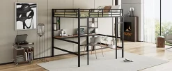 Lit mezzanine 140x200 cm avec bureau et étagères intégrées, cadre métal noir fonctionnel><noscript><img width=