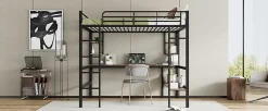 Lit mezzanine 140x200 cm avec bureau et étagères intégrées, cadre métal noir fonctionnel><noscript><img width=
